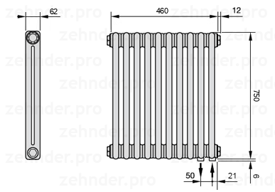 Схема (чертеж) Радиатор Zehnder Charleston 2075/10 №5510 Белый глянцевый RAL 9016